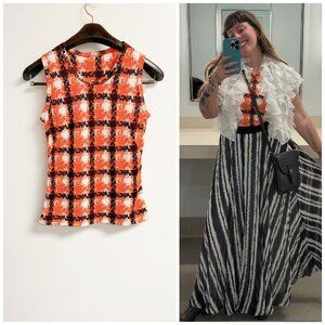 Vintage 70s Orange Windowpane Print Tank Top Small